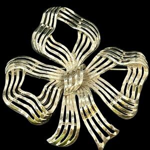 Vintage Large Signed Monet Silver Tone Ribbon Bow Brooch Pin Openwork 3" W